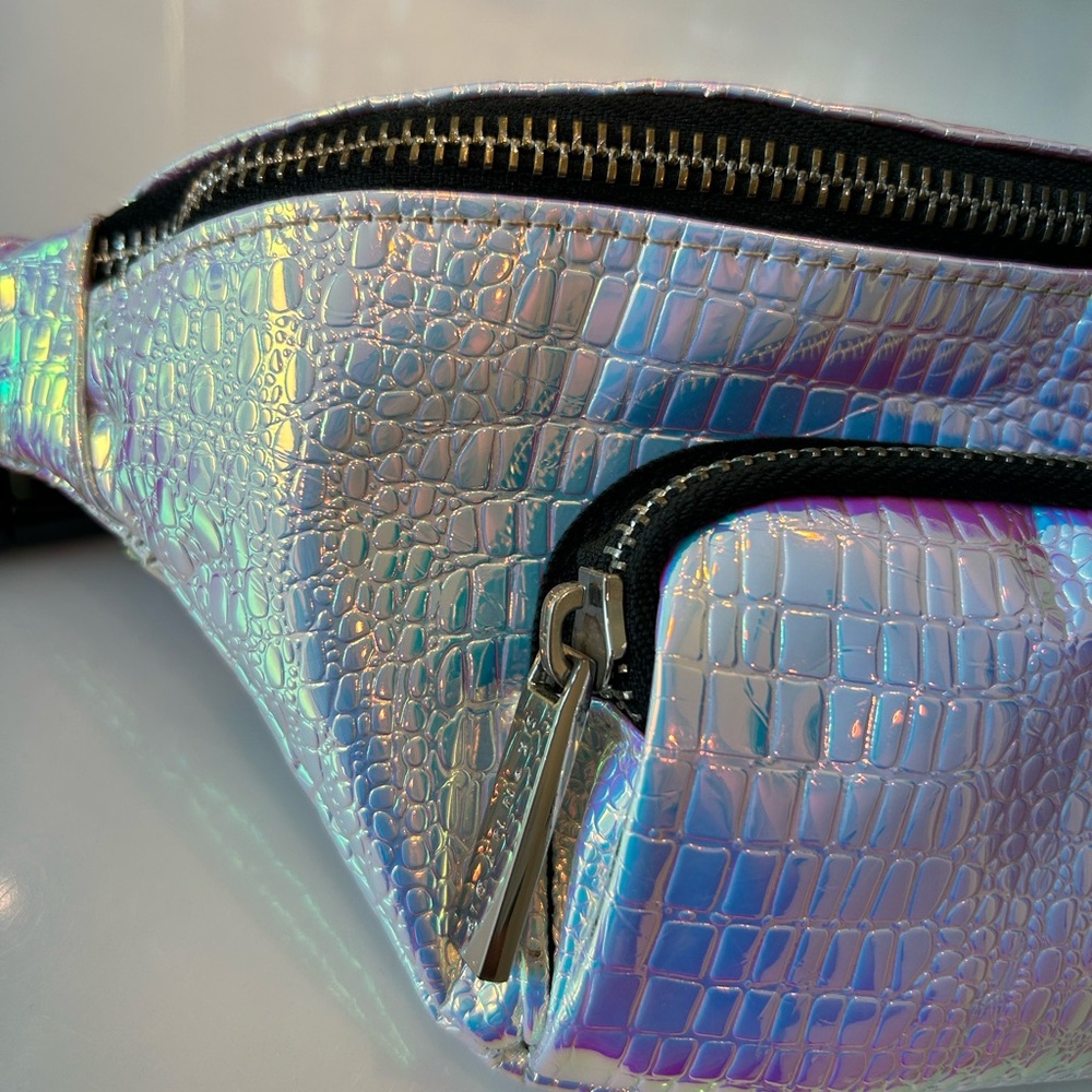 Dolls Kill Iridescent Croc-Embossed Fanny Pack - Holographic Silver